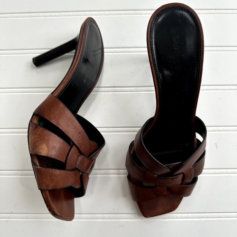 Saint Laurent Tribute Sandals Mule Heel Slides Brown Leather Size 36 EU Luxury - Picture 2 of 9